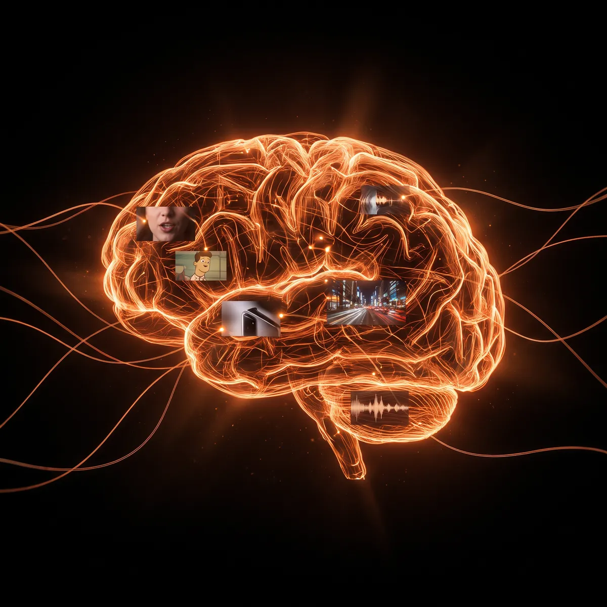Neura, Motionbar’s AI, drawn as a brain of light holding small takes
